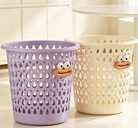 Cute Cartoon Face Hollow-Out Trash Can with Waterdrop Pattern | Breathable Plastic Waste Bin & Storage Basket for Kids' Room, Bathroom & Dorm | Lavender & Cream