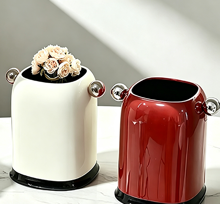 Luxury Decorative Open-Top Trash Can with Ornate Metal Handles | High-Gloss Accent Waste Bin with "Home Channel" Lettering for Vanity, Living Room & Hotel Decor | White & Burgundy