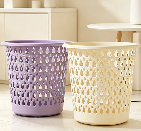Cute Cartoon Face Hollow-Out Trash Can with Waterdrop Pattern | Breathable Plastic Waste Bin & Storage Basket for Kids' Room, Bathroom & Dorm | Lavender & Cream