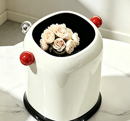 Luxury Decorative Open-Top Trash Can with Ornate Metal Handles | High-Gloss Accent Waste Bin with "Home Channel" Lettering for Vanity, Living Room & Hotel Decor | White & Burgundy