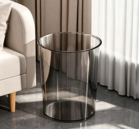 Modern Minimalist Clear & Smoke Gray Cylinder Trash Can | Sleek Transparent Waste Bin for Vanity, Office & Modern Home Decor